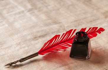 Quill pen on a papyrus sheet