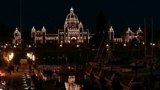 Victoria BC Canada Parliament Building night over marina HD 7940