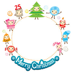 Obraz na płótnie Canvas Christmas Ornaments Character Design Set On Circle Frame, Merry Christmas, Xmas, Happy New Year, Objects, Animals, Festive, Celebrations