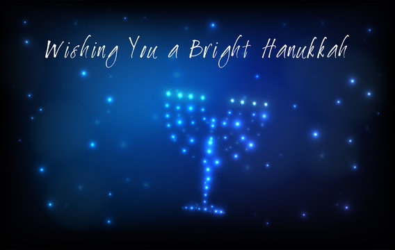 Greeting card for the Jewish holiday of Hanukkah. Menorah or Hanukkiya shaped out of stars in the night sky for the Jewish holiday of Hanukkah written with the blessing - Wishing You a Bright Hanukkah
