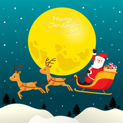 Obraz na płótnie Canvas Santa Claus Riding On Sleigh, Full Moon, Merry Christmas, Xmas, Happy New Year, Objects, Animals, Festive, Celebrations