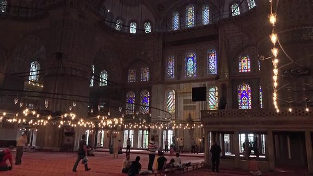 Istanbul Turkey inside Blue Mosque tilt to dome 4K 063