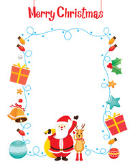 Fototapeta na wymiar Santa And Reindeer With Christmas Ornaments Decoration Border, Merry Christmas, Xmas, Happy New Year, Objects, Animals, Festive, Celebrations