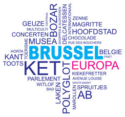 word cloud around brussels, capital of belgium and europe, vector image, dutch and flemish version, eps10