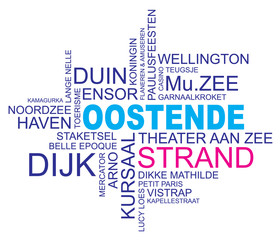 word cloud around ostend, city in belgium, flanders, vector image, dutch and flemish version, eps10