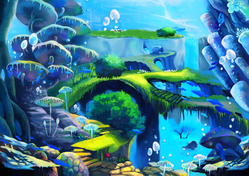 Illustration: Underwater World: Waterfall under the Sea; Flying Fish; Bridge; Stone Stairs. A harmonious Community here. Story with Fantastic Cartoon Style Scene Wallpaper Background Design.