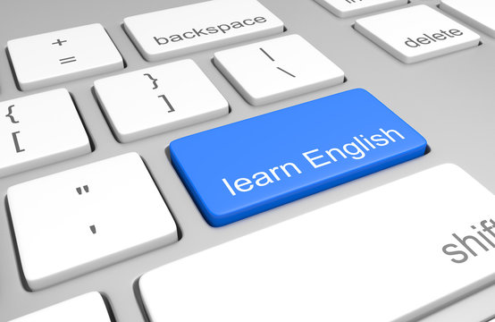 Learn English key on a computer keyboard for online classes on speaking, reading, and writing the language