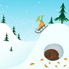 Маленький лесной гном катается зимой на санках по снегу с горы, под которой в своей берлоге спит медведь