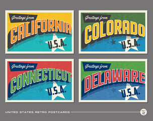 Naklejka premium United States vintage typography postcards featuring California, Colorado, Connecticut, Delaware