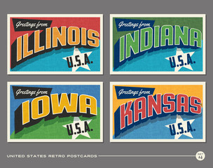 United States vintage typography postcards featuring Illinois, Indiana, Iowa, Kansas - obrazy, fototapety, plakaty