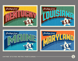 United States vintage typography postcards featuring Kentucky, Louisiana, Maine, Maryland
