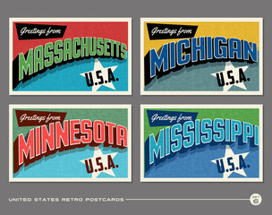 United States vintage typography postcards featuring Massachusetts, Michigan, Minnesota, 
Mississippi
