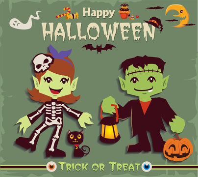 Vintage Halloween poster design set with skeleton girl character