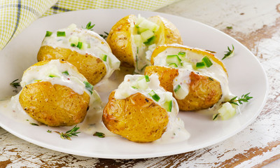 Baked potatoes on white plate.