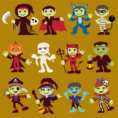 Vintage Halloween character poster design set with reaper, vampire, wolf man, prisoner, mummy, pirate, witch, zombie, skeleton