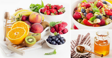 Fresh  fruits salad with honey and berries.