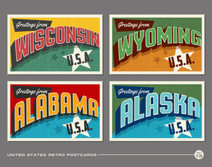 United States vintage typography postcards featuring Wisconsin, Wyoming, Alabama, Alaska