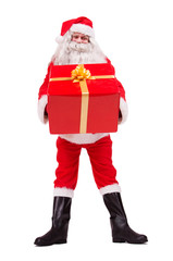 Santa Claus offers Christmas gift isolated on white background