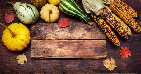 Corn and Pumpkins on a wooden board