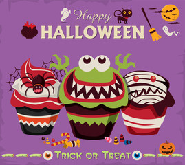 Vintage Halloween character poster design set with cupcake