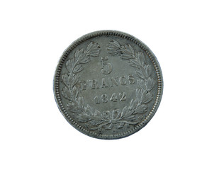 An ancient silver coin France 5 francs 1842 on a white backgroun, old money