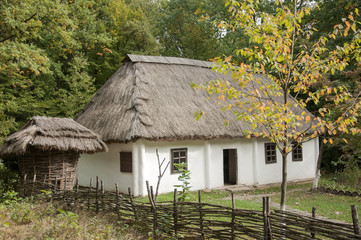 Fototapeta na wymiar Old house with thatched roof in forest