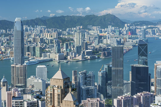 Panorama of Victoria Harbor in Hong Kong