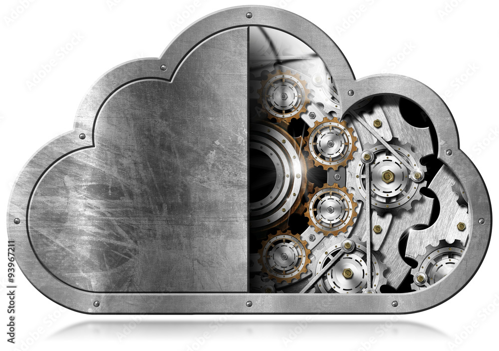 Poster cloud computing with metal gears / metallic symbol in the shape of a cloud with metal gears. concept