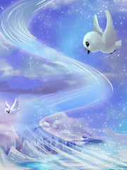 Obraz na płótnie Canvas Illustration: The Wonderful Beautiful Melodies of Free Flying So High in the Sky. Fantastic Cartoon Style Scene Wallpaper Background Design.