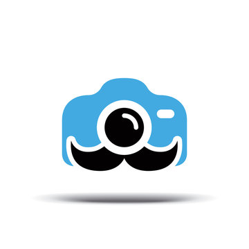 Photo logo design vector. Fun camera with a mustache.