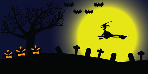 Fototapeta na wymiar Witch, Pumpkin, Tree, Bat and Grave in Halloween night with Full moon