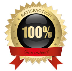 100% satisfaction button or icon with red banner. Luxury golden vector icon.
