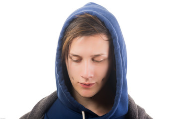 Fototapeta premium Headshot young hispanic male with blue hoodie on white