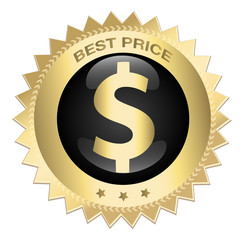 Best price seal or icon with dollar symbol. Glossy golden seal or button with stars.