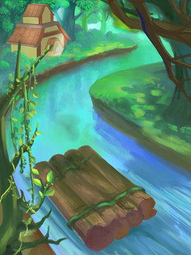 Illustration: River Rafting in the Jungle Forest. Fantastic Cartoon Style Scene Wallpaper Background Design.
