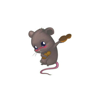 Illustration: Little Shy Mouse holding Peanuts. Fantastic Cartoon Style Character Design.