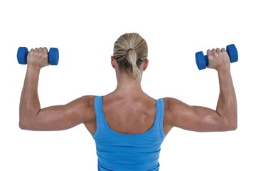Fototapeta na wymiar Rear view of muscular woman lifting dumbbells