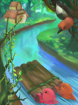 Illustration: River in Forest, Jungle. Fantastic Cartoon Style Scene Wallpaper Background Design.
