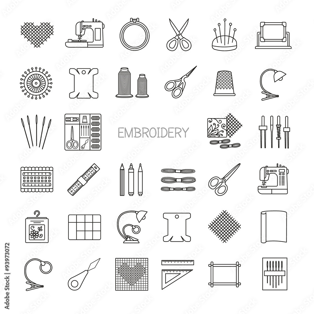 Wall mural Needlework line icons set. Cross stitch and fancywork supplies a