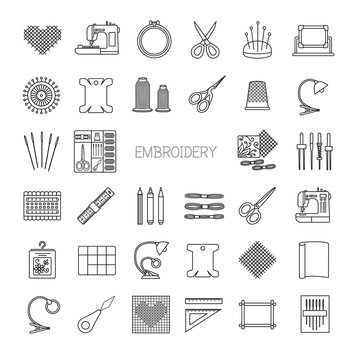Needlework line icons set. Cross stitch and fancywork supplies a