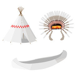 Wigwam, canoe and headdress