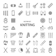Knitting line icons set. Knitting supplies and accessories. Needle, crochet, woolen yarn, hook,  scissors, pattern. Knitwear, pullover, scarf, jacket; mitten; sock. Vector illustration.