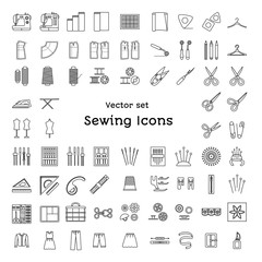Sewing line icons set. Tailoring supplies and accessories. Fabric, needle, thread, scissors, sewing machine, pin, ruler, organizer, iron, zipper, spool, kit, pattern, dummy. Vector illustration.