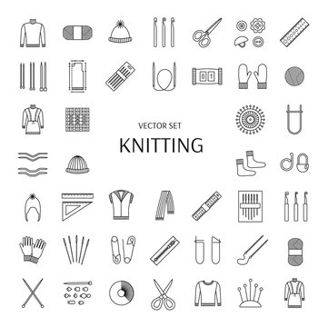 Knitting line icons set. Knitting supplies and accessories. Needle, crochet, woolen yarn, hook,  scissors, pattern. Knitwear, pullover, scarf, jacket; mitten; sock. Vector illustration.