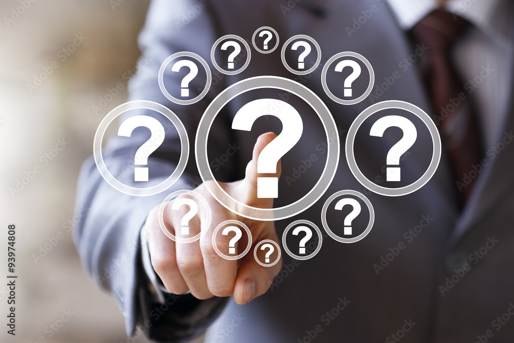 Poster businessman touch button question interface sign web