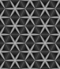 Fototapeta na wymiar Seamless monochrome geometrical design of six-pointed stars on a background of hexagonal geometric pattern. The image is in the form of honeycombs. Vector art 3D. No gradients