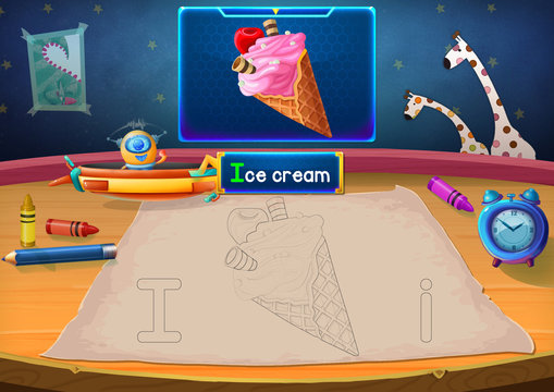 Illustration: Martian Class: I - Ice Cream. The Martian in the picture opens a class for all Aliens. You must follow and use crayons coloring the outlines below. Fantastic Sci-Fi Cartoon Scene Design