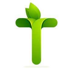 T letter with green leaves eco logo, volume icon