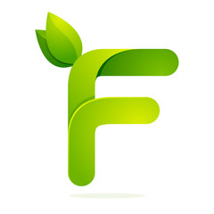 F letter with green leaves eco logo, volume icon