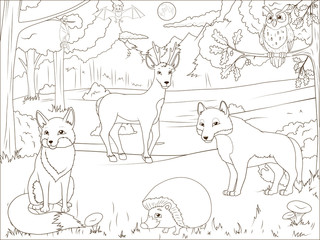 Coloring book forest with cartoon animals 